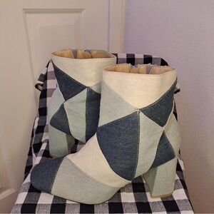 Denim Forum Patchwork Two-Tone Ankle Boots in Cream & Denim